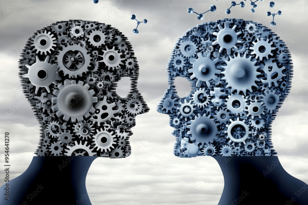 Poster plastic interpersonal two mechanical heads facing each other with gears exposed symbolizing the inte