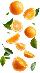 Flying fresh raw whole and sliced oranges with leaves on white background. Falling oranges