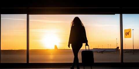 A passenger on business travel is waiting in an airport with a modern city skyline. 