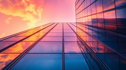 Modern Corporate Office Building with Glass and Sunset Reflections in an Urban Cityscape