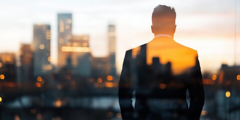 A passenger on business travel is waiting in an airport with a modern city skyline. 