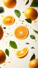 Flying fresh raw whole and sliced oranges with leaves on white background. Falling oranges