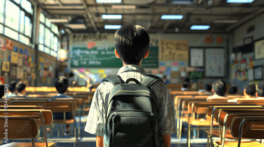 Poster a young boy with a backpack faces a classroom full of students, ready to learn and embrace the journ