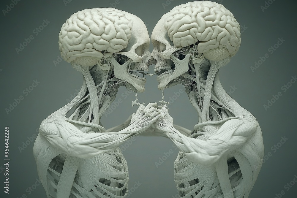 Poster fluent brain to brain skeletons with exposed brains in a handshake representing the fragility of lif