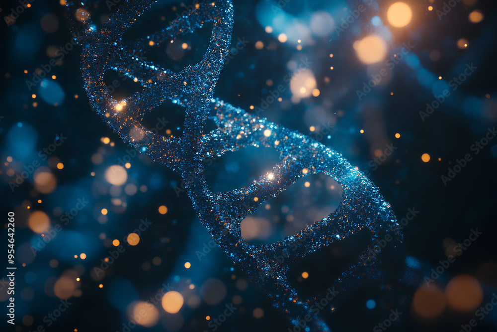 Poster a 3d rendering of a dna double helix with a blue and gold color scheme. the helix is made up of smal