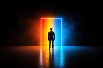 Obraz premium A lone figure stands before a glowing neon doorway, representing choice, opportunity, or the unknown.