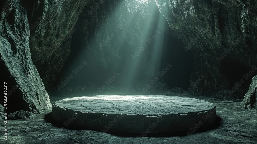 Poster mysterious stone platform in a circular shape, surrounded by intense lighting within an enclosed cav