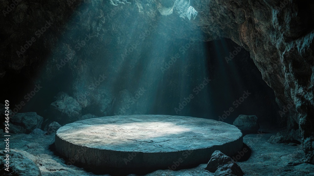 Poster mysterious stone platform in a circular shape, surrounded by intense lighting within an enclosed cav