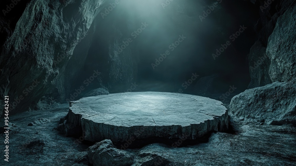 Poster mysterious stone platform in a circular shape, surrounded by intense lighting within an enclosed cav