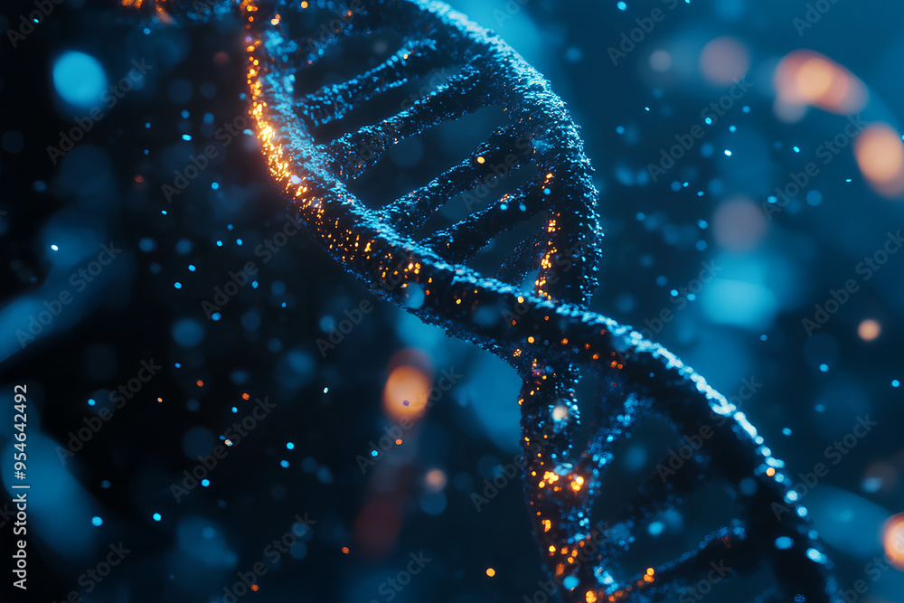 Poster a 3d rendering of a dna double helix with a blue and gold color scheme. the helix is made up of smal