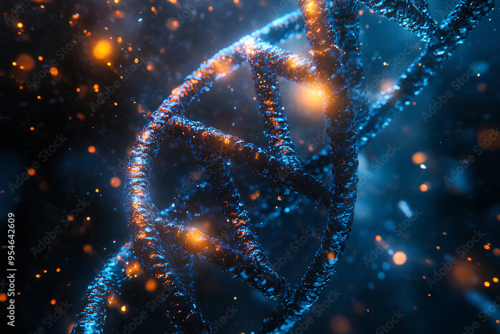 Poster a 3d rendering of a dna double helix with a blue and gold color scheme. the helix is made up of smal