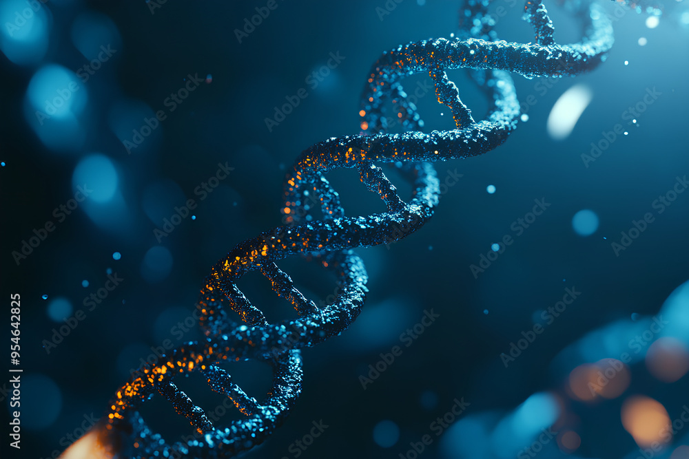 Poster a 3d rendering of a dna double helix with a blue and gold color scheme. the helix is made up of smal