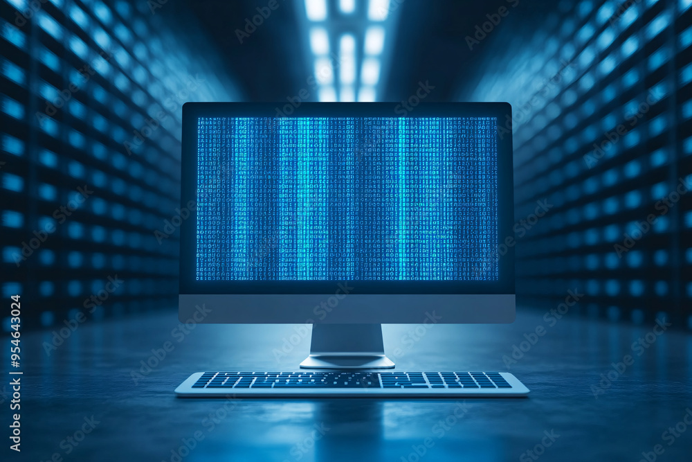 Poster a modern computer monitor displaying digital data in blue colors, representing technology and innova