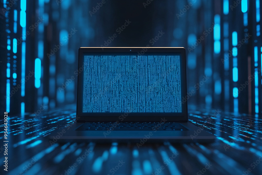Poster a modern laptop displaying a blue digital screen, surrounded by glowing binary code, symbolizing tec