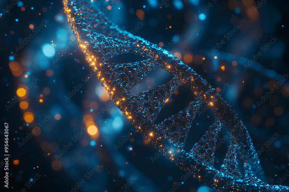 Poster a 3d rendering of a dna double helix with a blue and gold color scheme. the helix is made up of smal