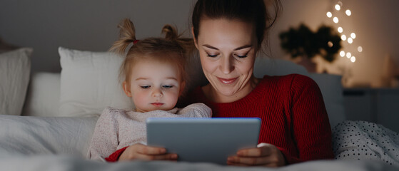 A mother and her daughter enjoying quality time together, reading a story on a tablet in a cozy, softly lit bedroom.