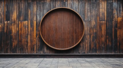 Wooden wall with a circular mockup signboard in a street setting, ideal for visualizing storefront branding