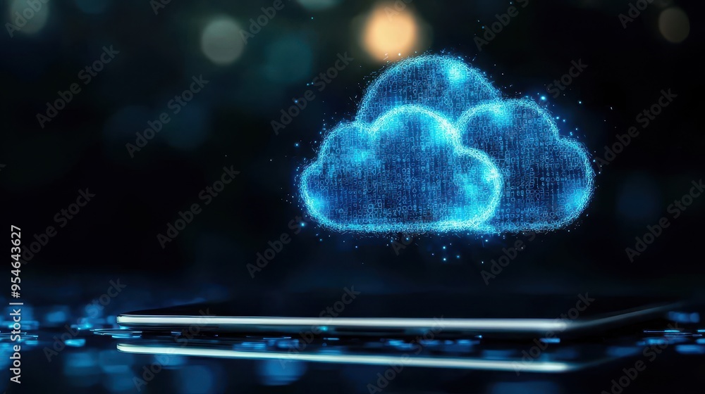Poster a futuristic cloud technology visualization over a smartphone, symbolizing data storage and connecti