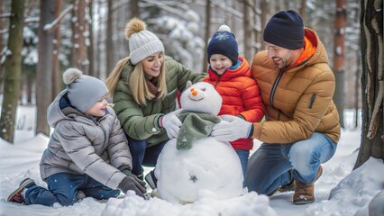 happy parents and children gathering in snow cover