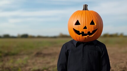 A playful Halloween scene featuring a person with a pumpkin head, showcasing a joyful spirit in a vibrant outdoor setting.