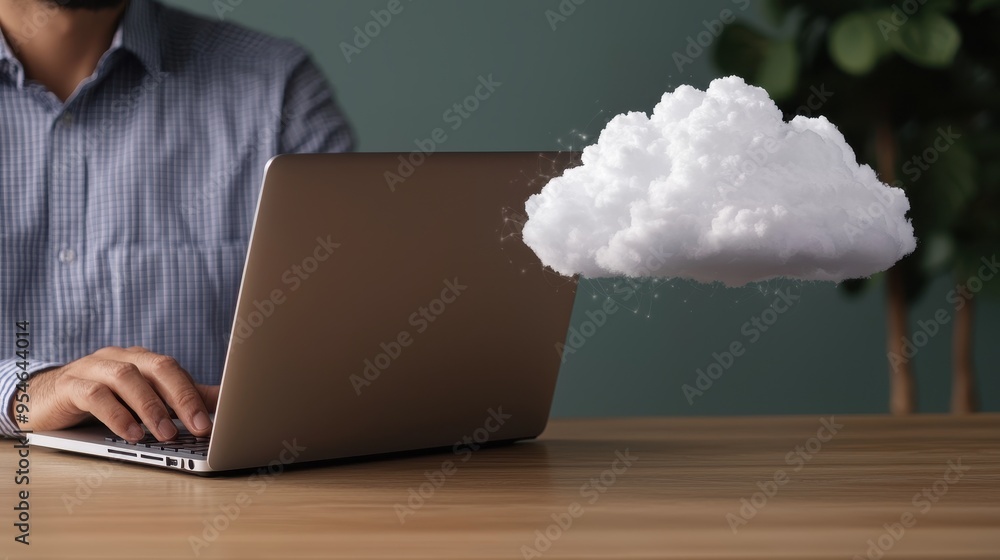Poster a person working on a laptop with a cloud illustration, symbolizing cloud computing and modern techn