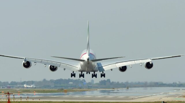  Airbus A300 Landing on Runway: Rear View. An Airbus A300 aircraft captured from the rear as it touches down on the runway during its landing approach
