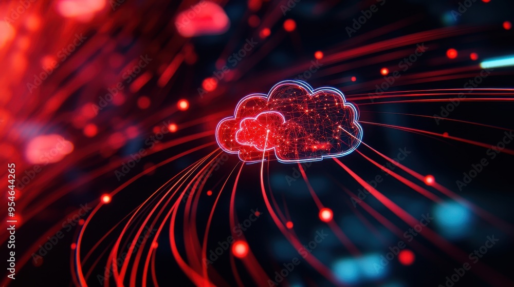 Poster a vibrant digital cloud illustration surrounded by dynamic data streams, representing cloud computin