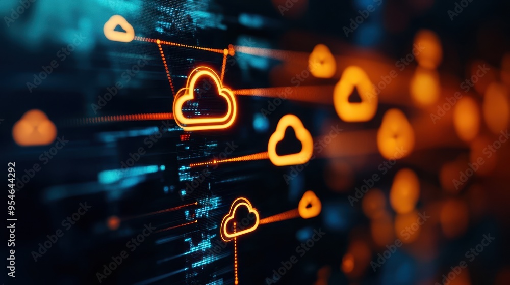 Poster a vibrant digital illustration showcasing connected cloud symbols representing cloud computing and d