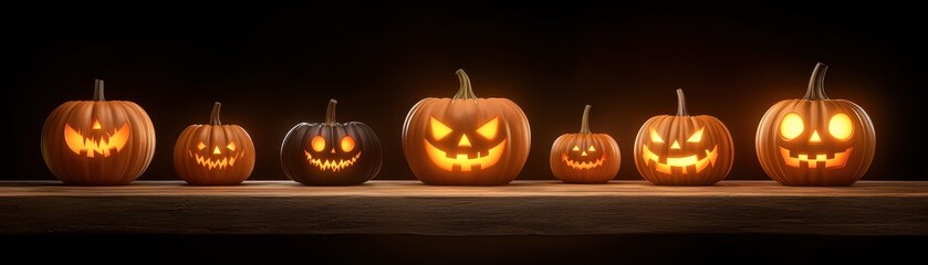 Obraz premium A row of Halloween pumpkins with various faces, glowing warmly in the dark. Perfect for festive autumn-themed designs.