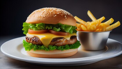 Beef burger and fries,Juicy Beef Tenderloin Burger with Lettuce and Cheese, Served with Crispy Fries"hamburger and fries