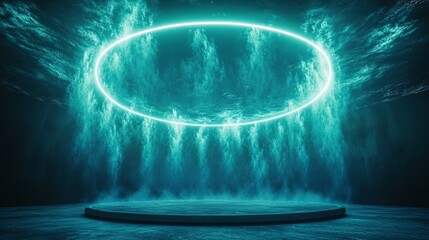 Neon Circle, Blue Smoke Stage: A futuristic stage bathed in ethereal blue light, featuring a glowing neon circle and a concrete platform, perfect for product displays and presentations. The smoky atmo