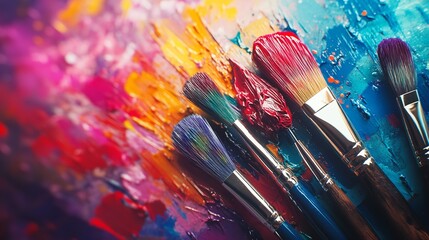 Vibrant Collection of Art Brushes in a Colorful Paint Splattered Jar