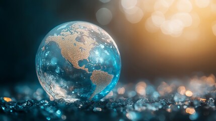 Crystal globe with sustainable development and ESG icon for environment social, governance, and business cooperation for World sustainable environment social governance concept. Earth day