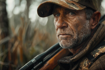 Obraz premium Hunter male female shooting from rifle gun in woods safari hunting season, Generative AI