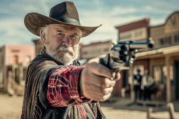 Fototapeta premium Dramatic western movie scene personage harsh brutal cowboy beautiful cowgirl, Generative AI