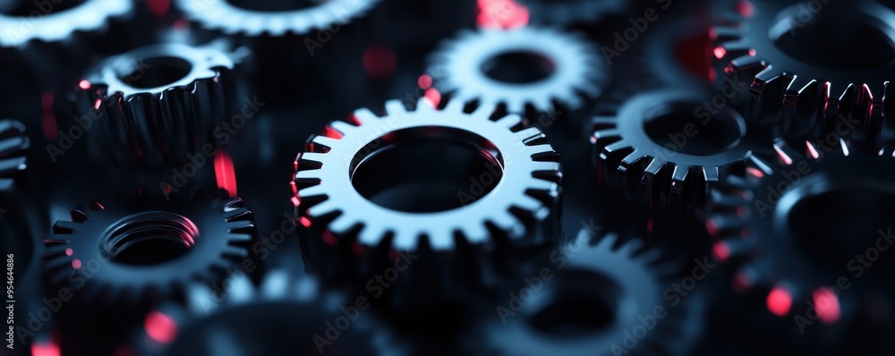 Poster close-up of intricate gears in a dark setting, showcasing mechanical precision with illuminated acce