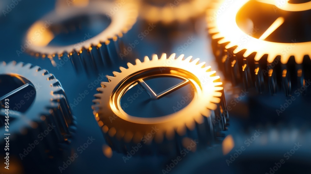 Poster close-up of intricate gears showcasing metallic textures and warm lighting, symbolizing technology a