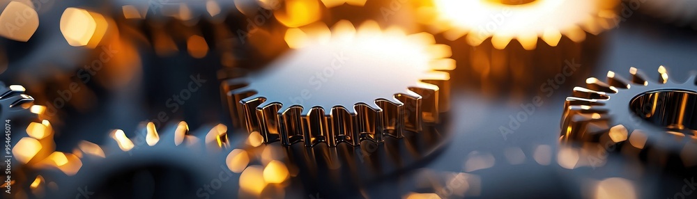 Poster close-up of intricate metallic gears reflecting light, showcasing precision engineering and craftsma