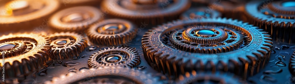 Poster close-up of intricate gears with an artistic glow, showcasing mechanical design and craftsmanship in