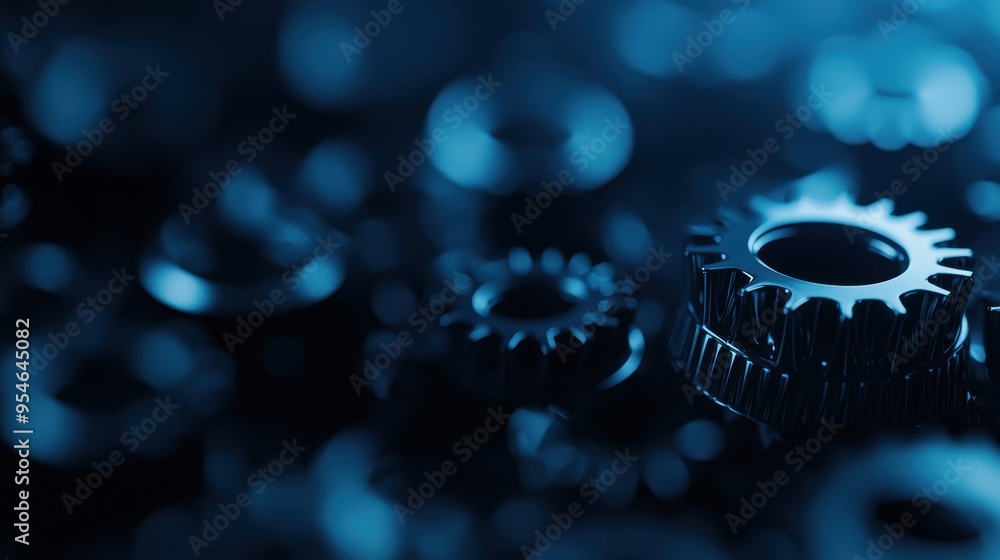 Poster close-up of intricate mechanical gears illuminated in blue, showcasing detail and precision in engin