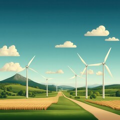 Obraz premium A serene landscape with wind turbines, rolling hills, and a clear sky, illustrating the beauty of sustainable energy.