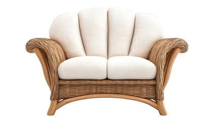 Elegant wicker loveseat with plush cushions, perfect for enhancing any living space or patio with comfort and style.