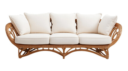 Elegant wicker sofa featuring plush white cushions, perfect for adding comfort and style to any living space.