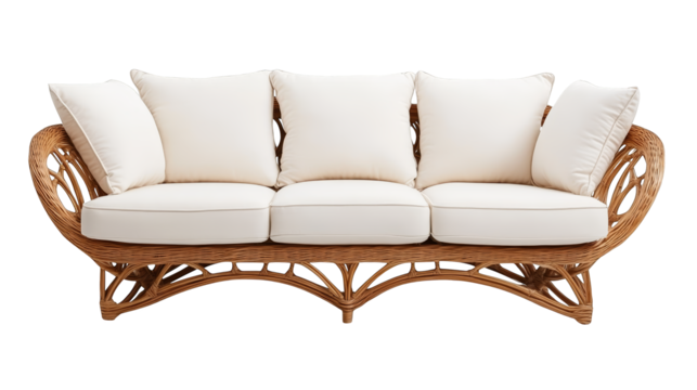 Elegant wicker sofa featuring plush white cushions, perfect for adding comfort and style to any living space.