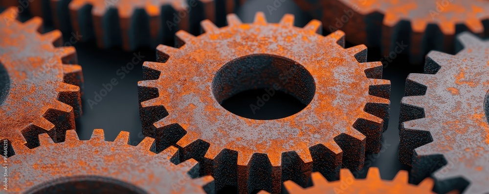 Poster close-up of rusty gears showcasing intricate design and texture, ideal for industrial and mechanical