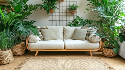 Cozy Living Room Interior with Comfortable Sofa and Lush Green Houseplants. Urban Jungle Concept.