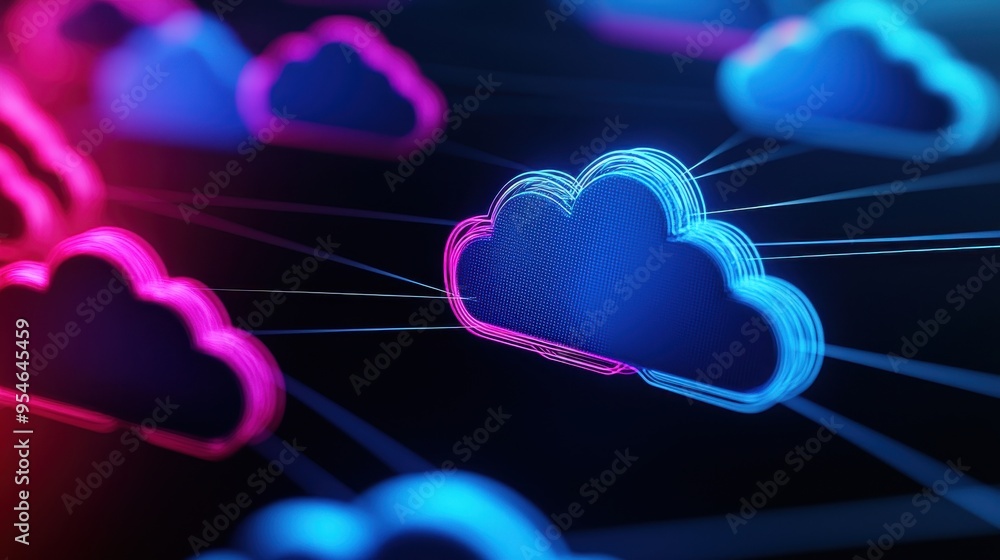 Poster digital cloud network illustration with colorful lines connecting glowing clouds on a dark backgroun