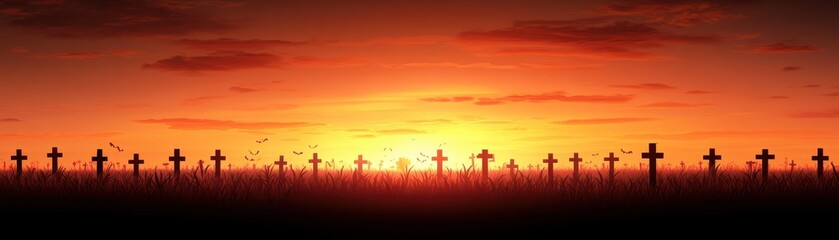 A serene sunset over a row of crosses, symbolizing remembrance and reflection in a tranquil setting.