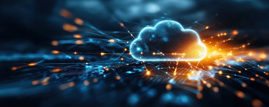 Dynamic cloud computing concept with glowing effects and data streams, showcasing modern technology and digital connections.