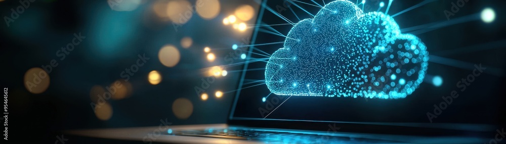 Aufkleber futuristic laptop displaying cloud technology with glowing data streams, representing digital innova